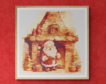 Santa Claus in front of a Fireplace with Christmas tree and gift boxes. Watercolor style. Counted Cross Stitch PDF Pattern. Hand Embroidery.
