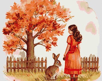 Young girl and wild rabbit in the yard near fences with oak tree. Watercolor Painting. Counted Cross Stitch PDF Pattern. Hand Embroidery.