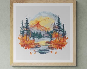 Landscape. Lake View with Pine Forest. Watercolor. Autumn. Counted Cross Stitch PDF Pattern, PDF for Diamond Painting and Pattern Keeper.