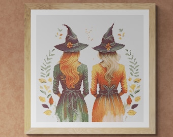 Two Witches with autumn leaves. Halloween. Watercolor illustration made with fall colors. Counted Cross Stitch PDF Pattern. Hand Embroidery.