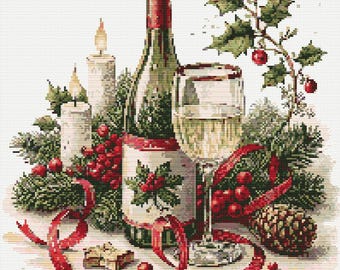 A wine Bottle and glass decorated with christmas theme in hand drawn Watercolor painting. Counted Cross Stitch PDF Pattern. Hand Embroidery.
