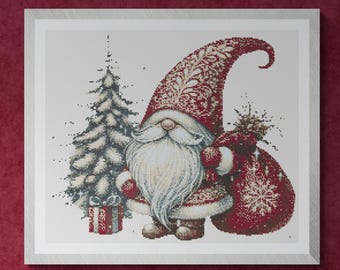 Cute Gnome Santa with Christmas Tree, Red Bag and Present Boxes in Watercolor painting. Counted Cross Stitch PDF Pattern. Hand Embroidery.