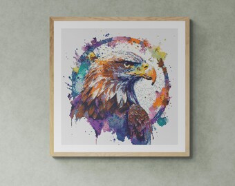 Colorful Eagle Illustration. Watercolor Style with Splashes. Counted Cross Stitch PDF Pattern, PDF for Diamond Painting and Pattern Keeper.