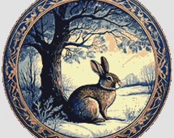Wild Rabbit under the apple tree in winter. Retro style illustration. Cool Winter colors. Counted Cross Stitch PDF Pattern. Hand Embroidery.