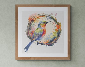 Fantastic Colorful Bird with Branch Frame. Watercolor Style. Counted Cross Stitch PDF Pattern, PDF for Diamond Painting and PatternKeeper.