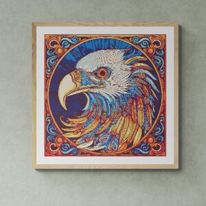 Bunte Adler Illustration mit verziertem Rahmen um ihn herum. Kreuzstich PDF Pattern, PDF für Diamond Painting und Pattern keeper.