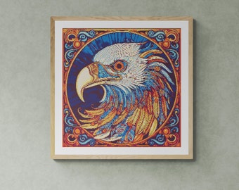 Colorful Eagle Illustration with Ornamented Frame Around it. Counted Cross Stitch PDF Pattern, PDF for Diamond Painting and Pattern Keeper.