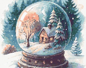Snow Globe. A small house with the snowy Christmas decoration and pine forest in winter. Counted Cross Stitch PDF Pattern. Hand Embroidery.