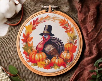 Thanksgiving Day Turkey with pilgrim hat, Pumpkins and Autumn leaves. Watercolor cartoon. Counted Cross Stitch PDF Pattern. Hand Embroidery.