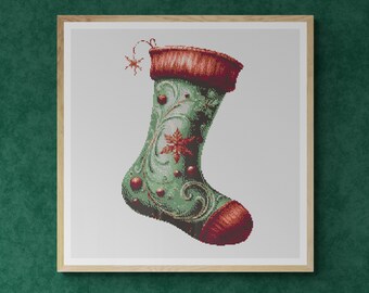 Christmas Sock Decorated. Oak Leaves, Ornament and Flowers. Counted Cross Stitch PDF Pattern, PDF for Diamond Painting and Pattern Keeper.