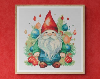 Cute Gnome in Santa Claus costume with decorated Christmas tree. Watercolor Painting. Counted Cross Stitch PDF Pattern. Hand Embroidery.