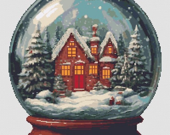 Snow Globe. A Red House with the Snowy Christmas decoration and pine forest in winter. Counted Cross Stitch PDF Pattern. Hand Embroidery.