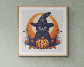 Black Cat in Witch Hat. Pumpkins and full moon. Watercolor illustration with fall colors. Counted Cross Stitch PDF Pattern. Hand Embroidery.