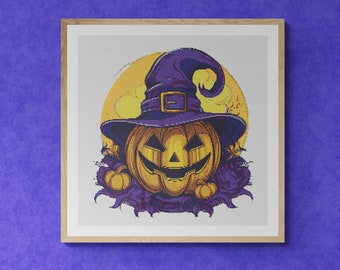 Halloween Pumpkin in witch hat and full moon. Watercolor illustration with autumn colors. Counted Cross Stitch PDF Pattern. Hand Embroidery.