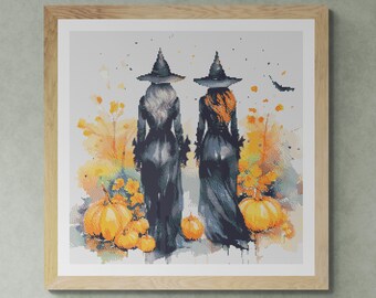 Two Witches with carved Halloween Pumpkin. Watercolor illustration made with fall colors. Counted Cross Stitch PDF Pattern. Hand Embroidery.