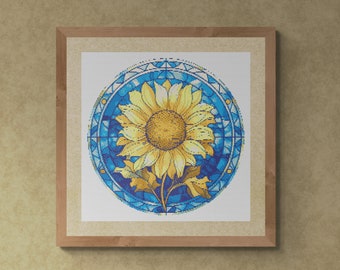 Sunflower Stained Glass Style. Round Shape. Counted Cross Stitch PDF Pattern, PDF for Diamond Painting and Pattern Keeper.