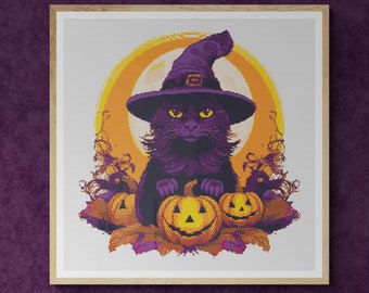 Black Cat in Witch Hat. Pumpkins and full moon. Watercolor illustration with fall colors. Counted Cross Stitch PDF Pattern. Hand Embroidery.