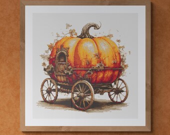 Thanksgiving Day pumpkin shaped vintage cart Watercolor painting made with autumn colors. Counted Cross Stitch PDF Pattern. Hand Embroidery.