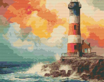 Lighthouse by the ocean at cloudy sunset before a heavy storm. Watercolor painting. Counted Cross Stitch PDF Pattern. Hand Embroidery.