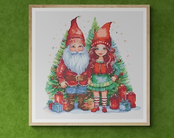 Cute Gnome Couple with Christmas Tree and Present Boxes in Colorful Watercolor painting. Counted Cross Stitch PDF Pattern. Hand Embroidery.