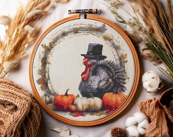 Thanksgiving Day Turkey with pilgrim hat, Pumpkins and Autumn leaves. Watercolor cartoon. Counted Cross Stitch PDF Pattern. Hand Embroidery.