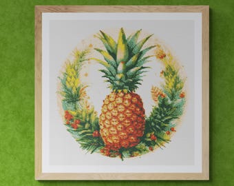 Watercolor Pineapple Christmas Wreath Decorated with Oak Leaves, Pine Pins and Berries. Counted Cross Stitch PDF Pattern. Hand Embroidery.
