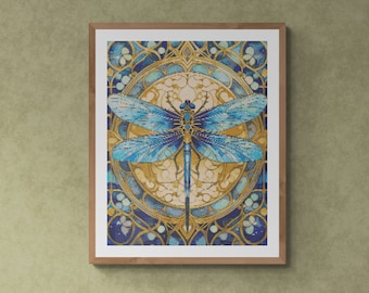 Dragonfly Flying over Autumn Leaves, Art Nouveau Style, Counted Cross Stitch PDF Pattern, PDF for Diamond Painting and Pattern Keeper.