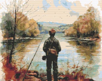 Young man fishing by the lake enjoying the autumn day. Watercolor Painting. Fall Colors. Counted Cross Stitch PDF Pattern. Hand Embroidery.