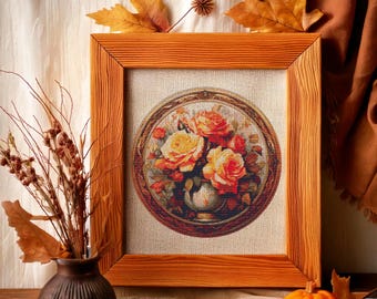 Beatiful Rose bouquet with autumn leaves. Oil painting style illustration in fall colors. Counted Cross Stitch PDF Pattern. Hand Embroidery.
