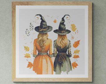 Two Witches with autumn leaves. Watercolor illustration made with fall colors. Counted Cross Stitch PDF Pattern. Hand Embroidery.