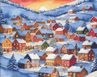 Winter Landscape. A fairytale village scene at snowy winter sunset. Colorful houses. Counted Cross Stitch PDF Pattern. Hand Embroidery.