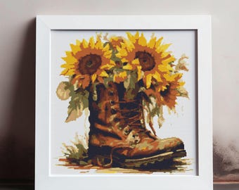 Sunflowers in a worn out boot used as a flower pot. Hand drawn watercolor painting style counted Cross Stitch PDF Pattern. Hand Embroidery.