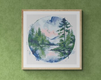 Landscape. Lake View with Pine Forest.. Watercolor Style. Counted Cross Stitch PDF Pattern, PDF for Diamond Painting and Pattern Keeper.