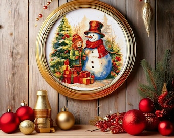 Little girl and Snowman with Red Hat and Scarf Christmas Tree and gift boxes. Watercolor. Counted Cross Stitch PDF Pattern. Hand Embroidery.