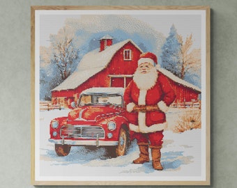 Santa Claus in front of a farmhouse and red vintage car in winter. Watercolor Painting. Counted Cross Stitch PDF Pattern. Hand Embroidery.