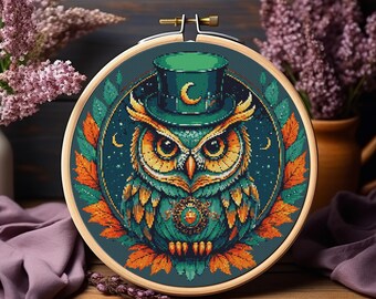 Owl with pilgrim hat standing on wreath with autumn leaves in night . Watercolor cartoon. Counted Cross Stitch PDF Pattern. Hand Embroidery.
