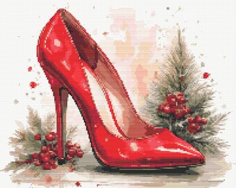 Red high heeled shoes in Christmas themed Watercolor Painting in Christmas colors. Counted Cross Stitch PDF Pattern. Hand Embroidery.