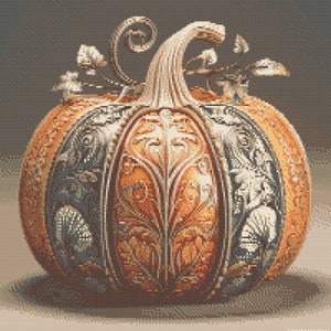 Calabaza decorada con flores para el Día de Acción de Gracias. Pintura de acuarela realizada con colores otoñales. Patrón de punto de cruz en PDF. Bordado a mano.