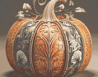 Floral Decorated Pumpkin Thanksgiving Day. Watercolor painting made with autumn colors. Counted Cross Stitch PDF Pattern. Hand Embroidery.