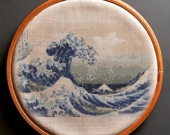 Hokusai's The Great Wave at Kanagawa (1760-1849). Japanese woodcut print. Small Counted Cross Stitch PDF Pattern. Hand Embroidery.