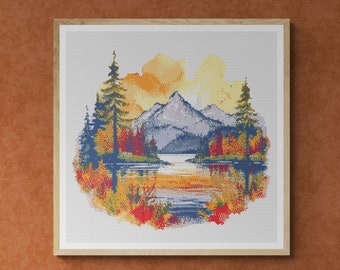 Landscape. Clear Lake View with Pine Forest. Watercolor painting in Autumn colors. Counted Cross Stitch PDF Pattern. Hand Embroidery.