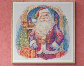 Santa Claus in front of a Fireplace with Christmas tree and gift boxes. Watercolor style. Counted Cross Stitch PDF Pattern. Hand Embroidery.