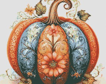 Floral Decorated Pumpkin Thanksgiving Day. Watercolor painting made with autumn colors. Counted Cross Stitch PDF Pattern. Hand Embroidery.