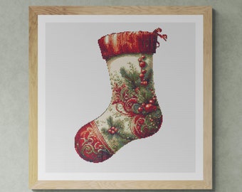 Christmas Sock Decorated with Ornaments and Oak Leaves. Counted Cross Stitch PDF Pattern, PDF for Diamond Painting and Pattern Keeper.