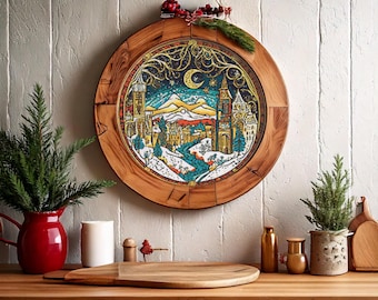 Winter Landscape. Fantastic city view in snowy night time. Stylized cartoon illustration. Counted Cross Stitch PDF Pattern. Hand Embroidery.