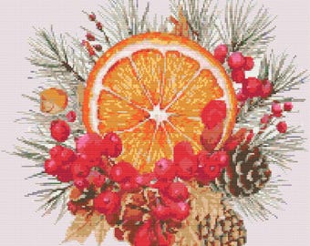 Christmas decoration dried orange slices, pine pins and red berries. Watercolor Painting. Counted Cross Stitch PDF Pattern. Hand Embroidery.
