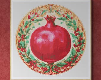 Watercolor pomegranate Christmas Wreath Decorated with Oak Leaves, Pine Pins and Berries. Counted Cross Stitch PDF Pattern. Hand Embroidery.