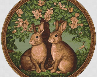 Two Wild Rabbits under the apple tree in spring. Retro style illustration. Spring colors. Counted Cross Stitch PDF Pattern. Hand Embroidery.