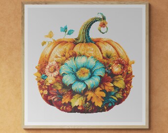 Floral Decorated Pumpkin Thanksgiving Day. Watercolor painting made with autumn colors. Counted Cross Stitch PDF Pattern. Hand Embroidery.