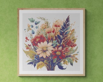 Beatiful Wildflowers bouquet with autumn leaves. Hand drawn colorful watercolor painting. Counted Cross Stitch PDF Pattern. Hand Embroidery.